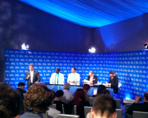 At the Global Conference, from left: Ken Rutkowski, Akon, Elan Lee, Ralph Simon and Sasha Strauss