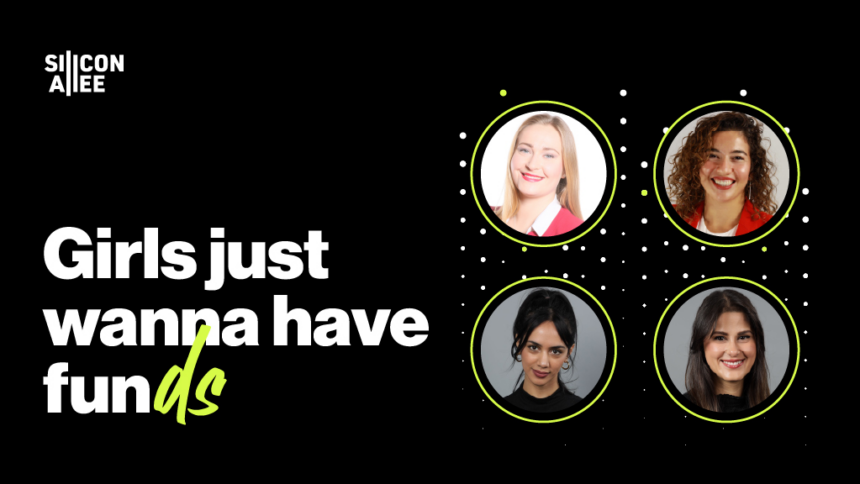 Graphic with the text “Girls just wanna have funds” and four women’s headshots in circular frames, on a black background with dotted accents.